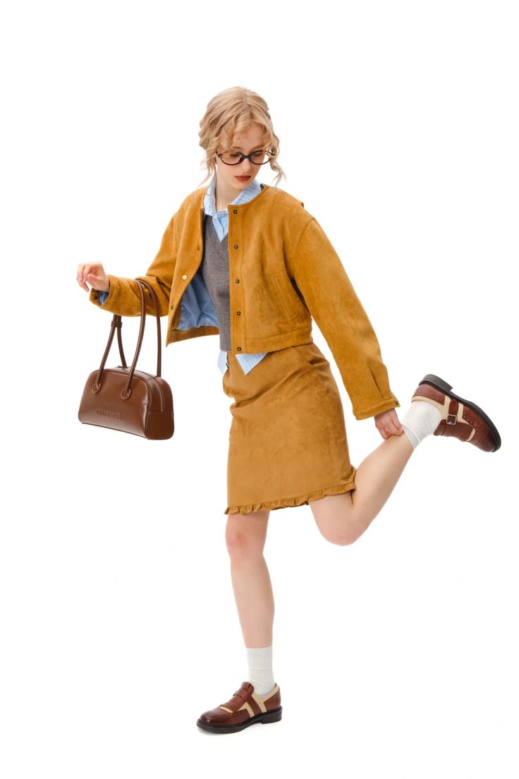 🟤 ชุดวินเทจสีเหลือง แขนยาว + กระโปรงสั้น รวมเสื้อใน