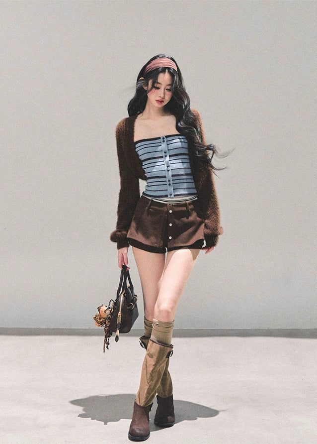 🟤 ชุดวินเทจเซ็ต เสื้อคลุมผ้าขนสีน้ำตาล + เสื้อสายเดี่ยวสีน้ำเงิน + กระโปรงสั้นสีน้ำตาล