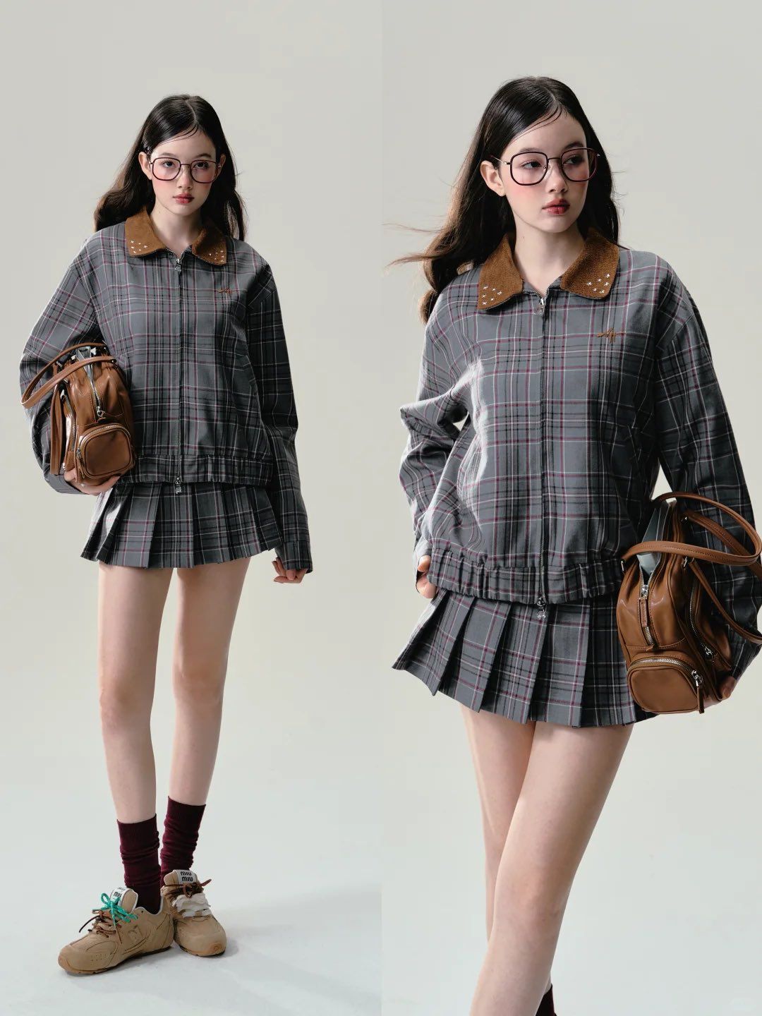 🟤 ชุดวินเทจลายตารางสีเทา